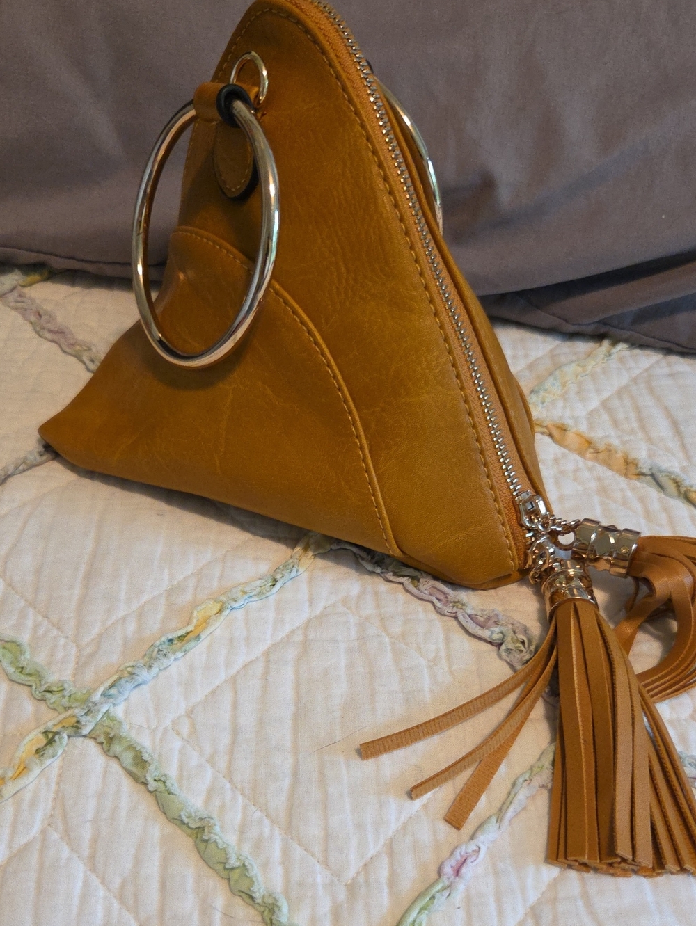 Versona Mustard Triangle Wristlet with Gold Ring and Tassel